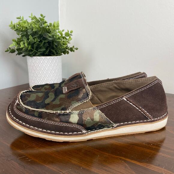 Ariat Women's Cruiser Camo Brown Suede Leather Calf Hair Slip-On Loafer Size 9 - Picture 2 of 10